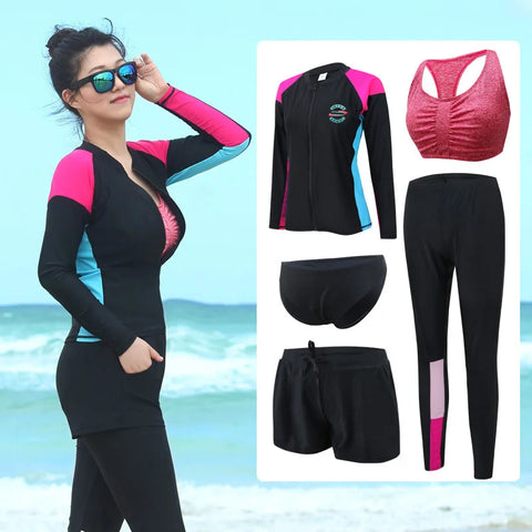 Womens 5pcs Activewear Set Fitness Yoga Running Outfit Athletic Tracksuits Long Sleeve Swimsuit Rash Guards Swimwear Plus Size